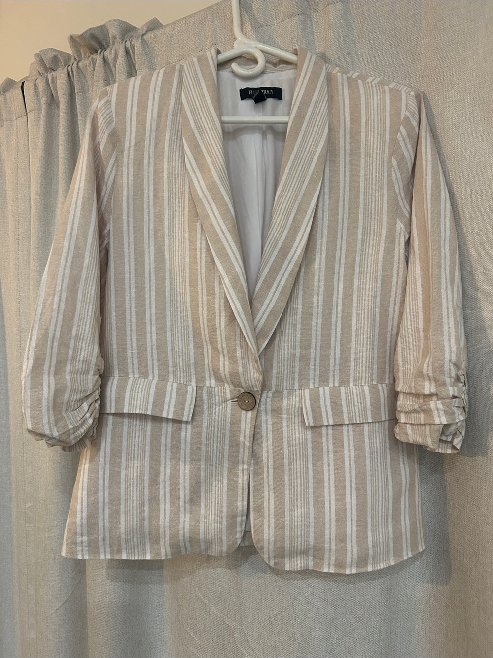 Ellen Tracy Beige and White Striped Single-Button Blazer